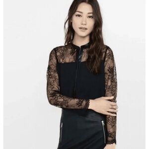 Express Black Lace Faux Leather Whimsygoth Sheer Button Down Blouse